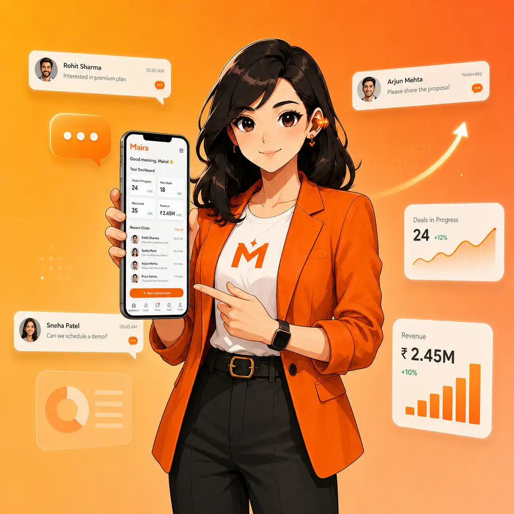 Tampilan aplikasi mobile Maira Sales — balas WhatsApp dan pantau deal dari HP