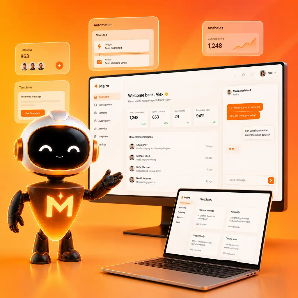 Tampilan aplikasi web Maira Sales di desktop — pipeline, inbox, dan laporan dalam satu dashboard